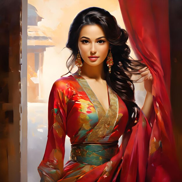 eine Frau in einem Sari mit einem roten und goldenen Gürtelband
