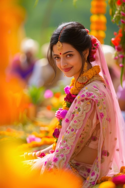 Foto eine frau in einem sari mit einer blume auf dem kopf