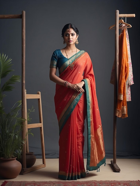 Eine Frau in einem Sari steht und modelliert mit einem Wäschereih hinter sich