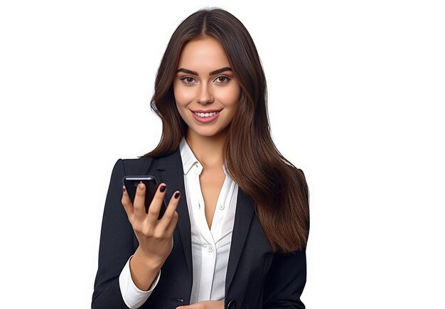 Eine Frau in einem schwarzen Anzug hält ein Telefon und lächelt.