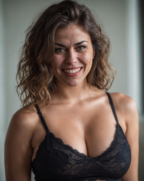 Eine Frau in einem schwarzen BH-Top lächelt