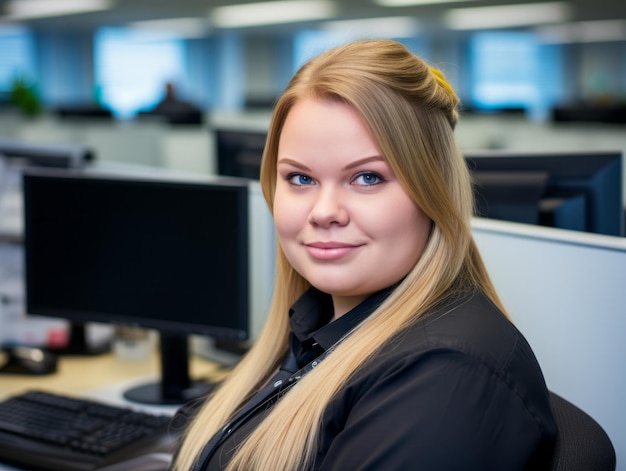 Eine Frau in einem schwarzen Hemd sitzt vor einem Computer