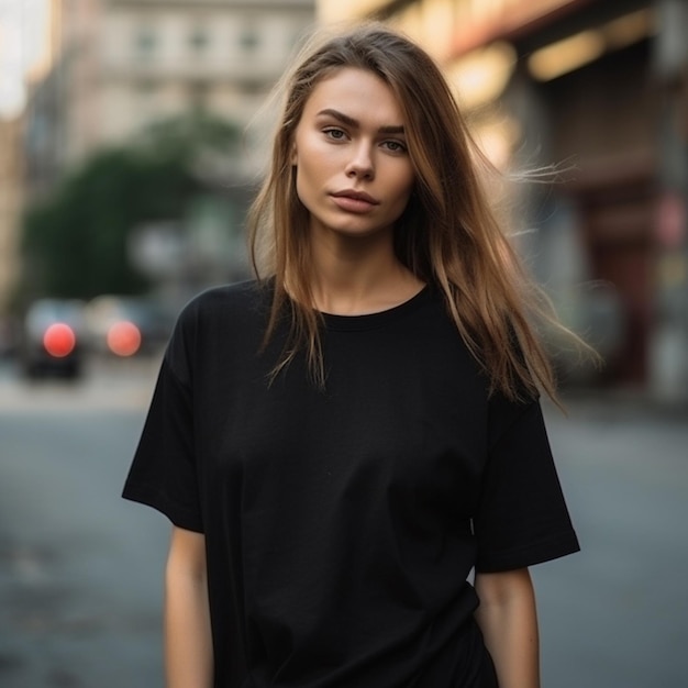 Eine Frau in einem schwarzen Hemd steht auf der Straße.