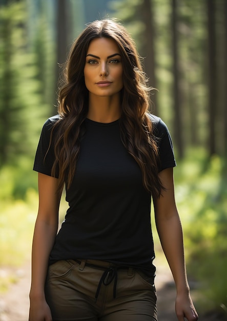 Eine Frau in einem schwarzen Hemd und braunen Hosen steht im Wald für