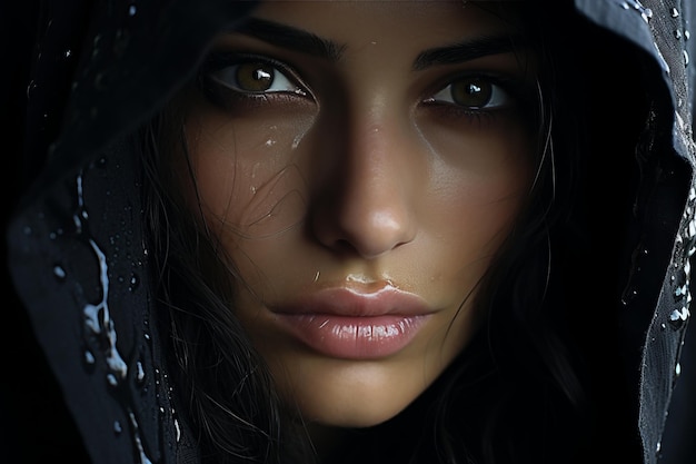 eine Frau in einem schwarzen Kapuzenpullover mit Regentropfen im Gesicht