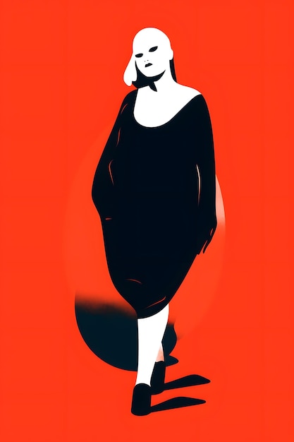 Eine Frau in einem schwarzen Kleid geht auf einem roten Hintergrund mit rotem Hintergrund.