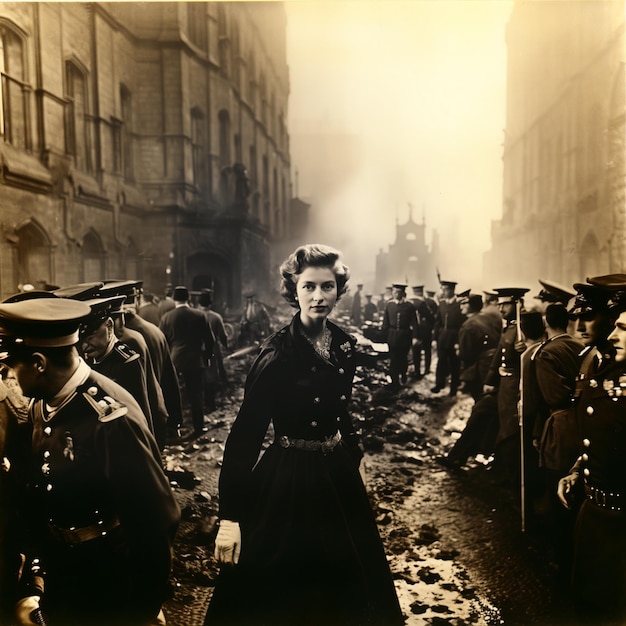 Eine Frau in einem schwarzen Kleid geht mit einer Menschenmenge eine Straße entlang.