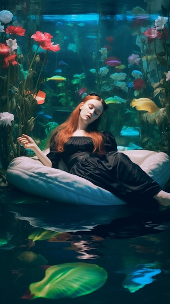 Eine Frau in einem schwarzen Kleid ist von Fischen und einem großen Gewässer umgeben.