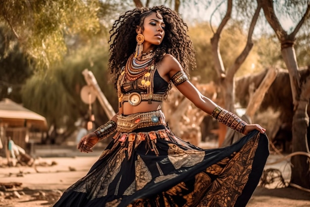 Eine Frau in einem schwarzen Kleid mit einem goldenen Muster auf der Vorderseite und dem Wort Afrika auf der Vorderseite.