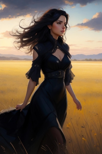 eine Frau in einem schwarzen Kleid mit schwarzem Kleid und einem schwarzen Kleid mit schwarzem Gürtel.