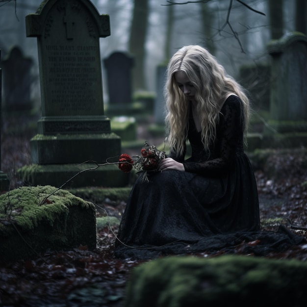 Eine Frau in einem schwarzen Kleid sitzt auf dem Boden auf einem Friedhof