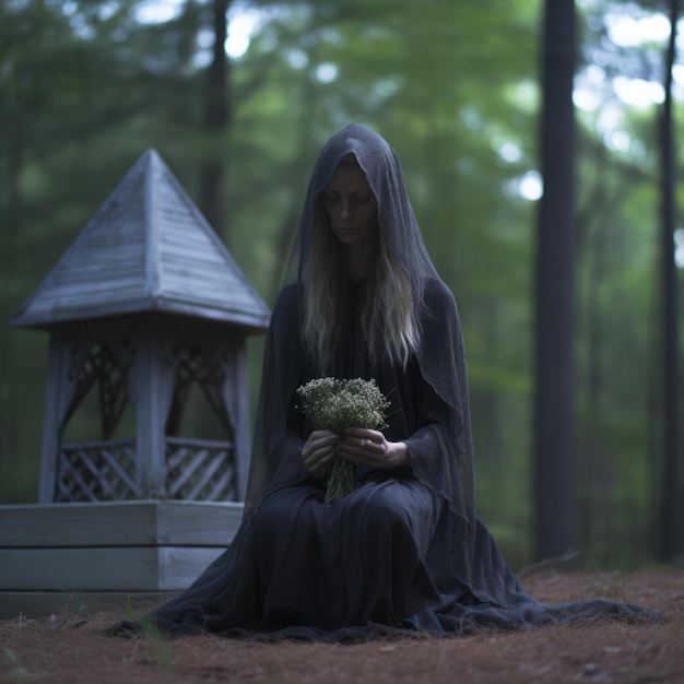 Eine Frau in einem schwarzen Kleid sitzt auf dem Boden im Wald