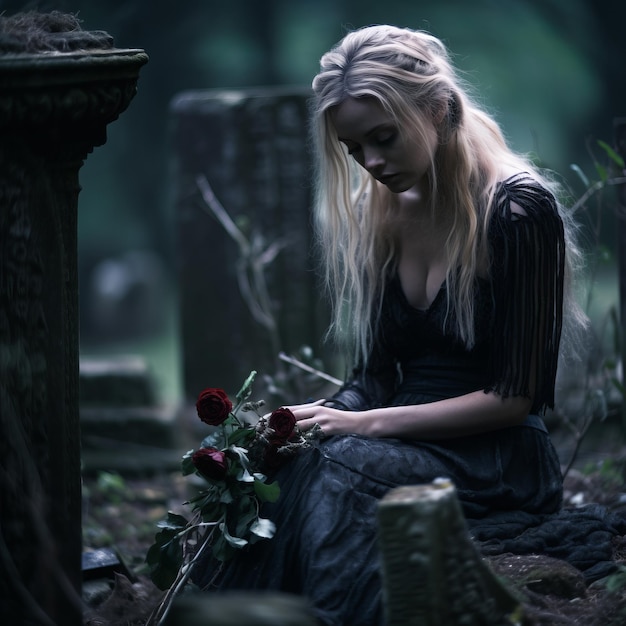 Eine Frau in einem schwarzen Kleid sitzt auf einem Grabstein und hält eine Rose in der Hand