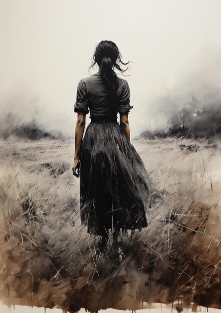 eine Frau in einem schwarzen Kleid steht auf einem Feld mit dem Wort, sie ist