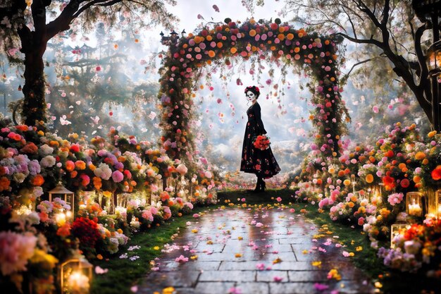 Eine Frau in einem schwarzen Kleid steht in einem Garten mit Blumen und feiert den Tag der Toten