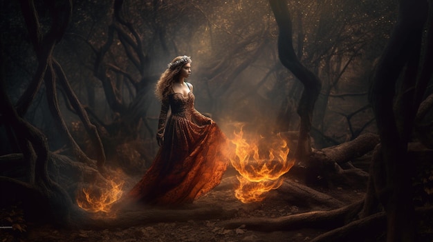 Eine Frau in einem schwarzen Kleid steht in einem Wald mit Feuer im Hintergrundgenerative KI