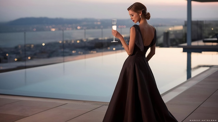 Foto eine frau in einem schwarzen langen kleid steht mit einem glas champagner in der nähe des infinity-pools