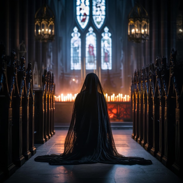 Eine Frau in einem schwarzen Mantel sitzt mitten in einer Kirche