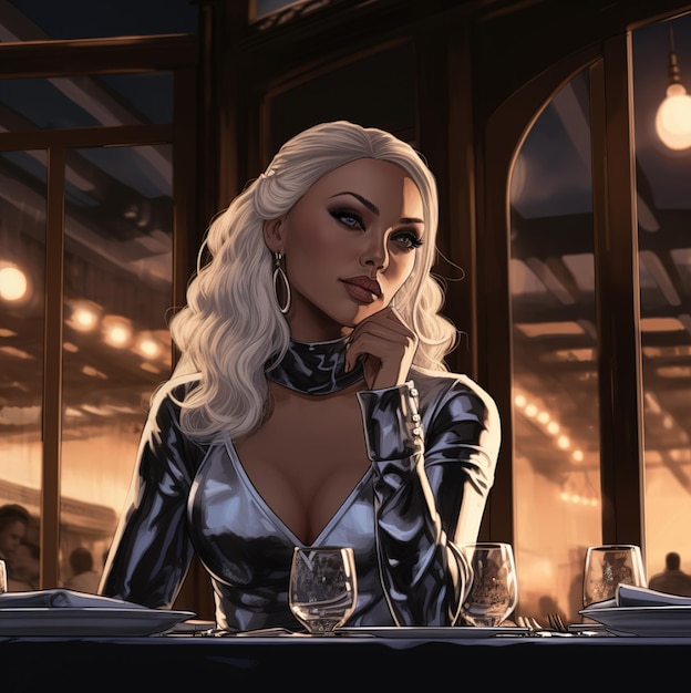 Eine Frau in einem silbernen Kleid sitzt an einem Tisch mit Weingläsern und einer Speisekarte mit einer Speisekarte im Hintergrund.