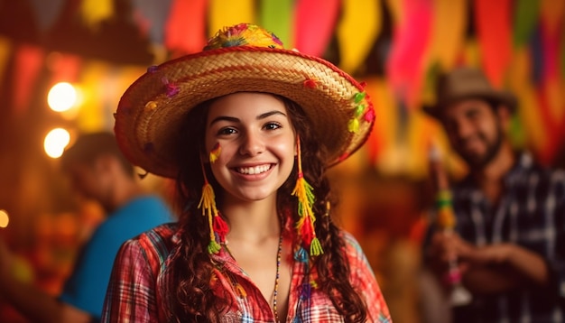Eine Frau in einem Sombrero lächelt mit einem Lächeln auf dem Gesicht