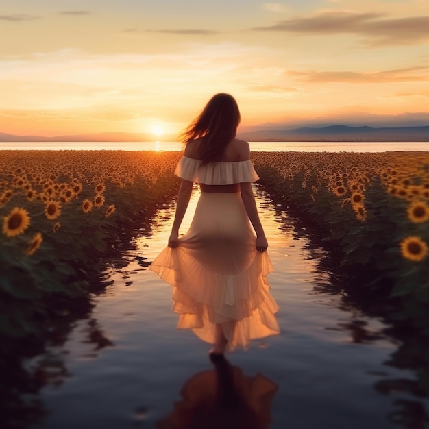 eine Frau in einem Sonnenblumenfeld am Meer