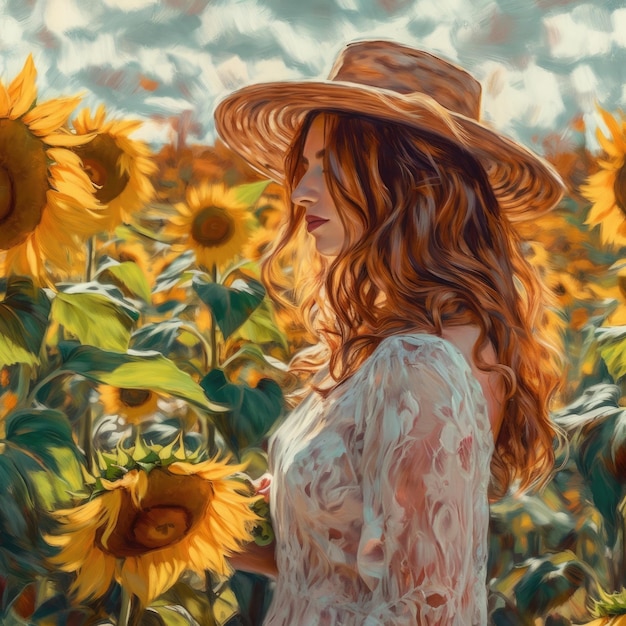 Eine Frau in einem Sonnenblumenfeld mit Impressionismus