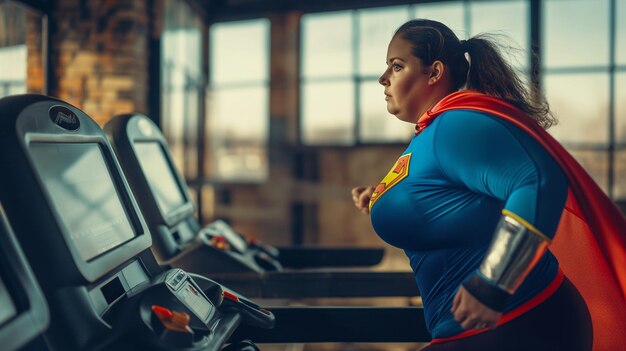 Foto eine frau in einem superheldenkostüm steht auf einem laufband mit einem umhang auf der brust