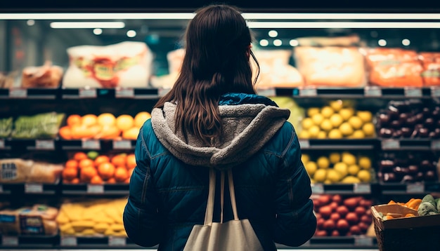 Eine Frau in einem Supermarkt sieht sich die Produkte an Soft Focus Generative KI