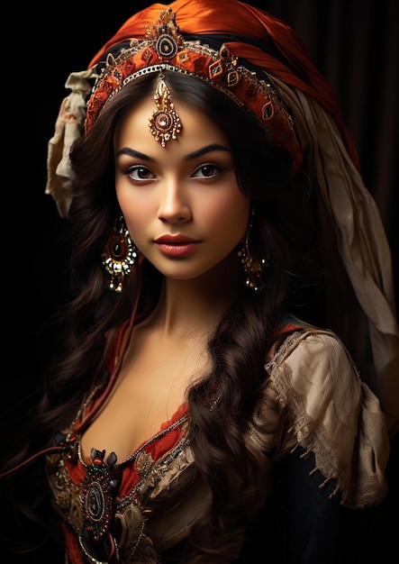 eine Frau in einem traditionellen Kleid mit langen dunklen Haaren und einem langen braunen Haar