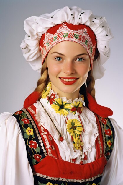 Foto eine frau in einem traditionellen kostüm lächelt für die kamera