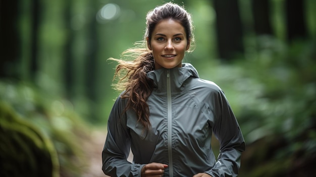 Eine Frau in einem Trainingsanzug, die durch den Wald joggt