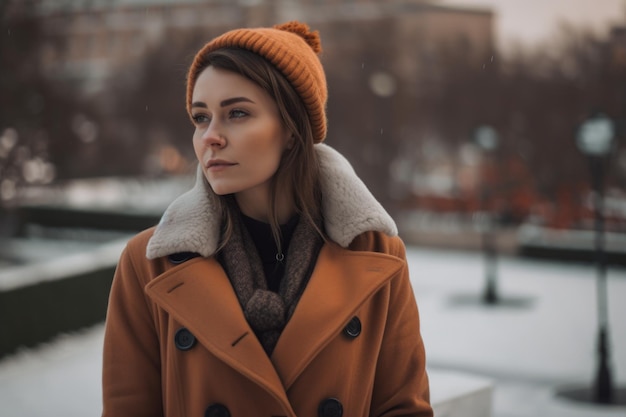 Eine Frau in einem trendigen und warmen Winteroutfit mit Blick auf einen verschneiten Park, erstellt mit generativer KI