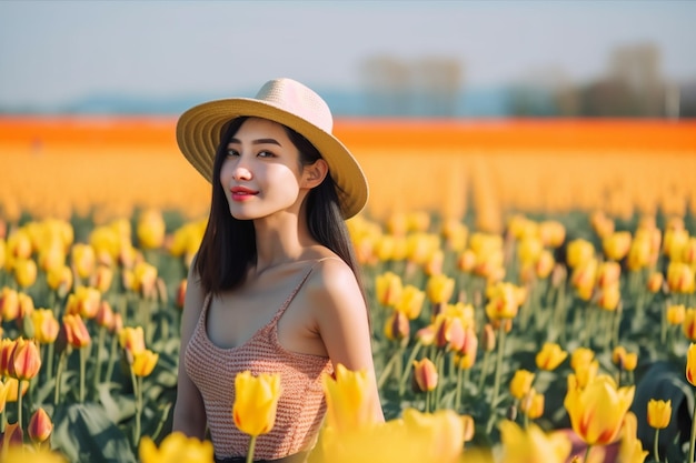 Eine Frau in einem Tulpenfeld