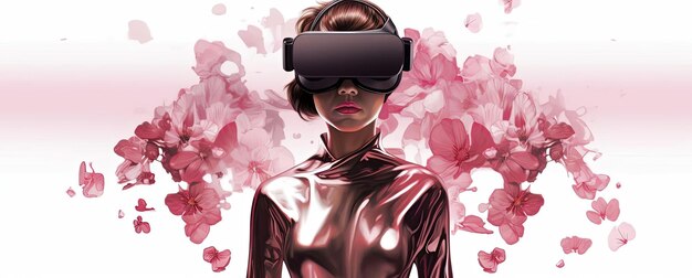 eine Frau in einem Virtual-Reality-Headset steht und trägt rosa Blumen