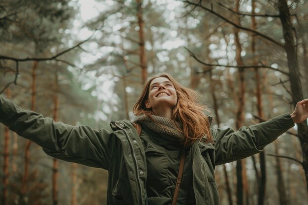 Foto eine frau in einem wald mit ausgestreckten armen