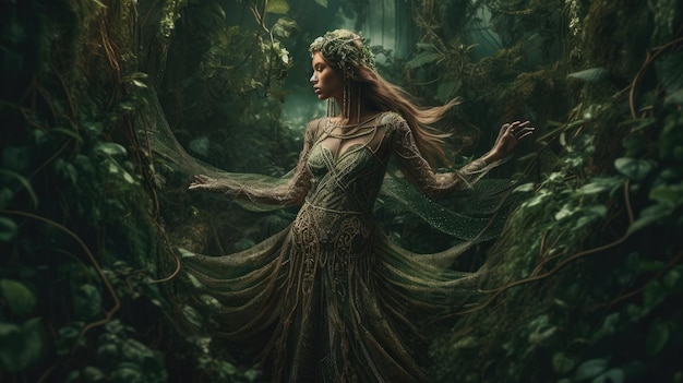 Eine Frau in einem Wald mit einem Baumrock