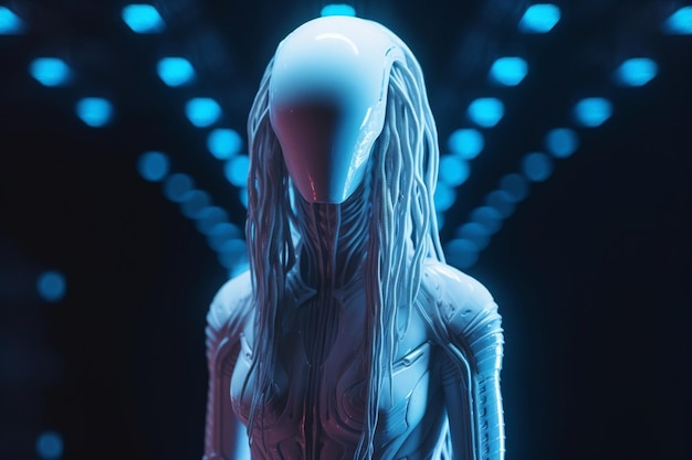 Eine Frau in einem weißen Alienkostüm steht vor einem blauen Hintergrund mit Lichtern.