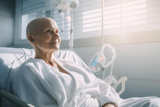 Foto eine frau in einem weißen gewand sitzt in einem krankenhausbett