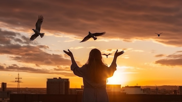 Eine Frau in einem weißen Gewand streckt ihre Hände zum Himmel, im Vordergrund sind Tauben zu sehen.