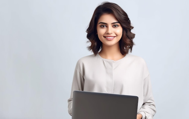 Eine Frau in einem weißen Hemd hält einen Laptop und lächelt.