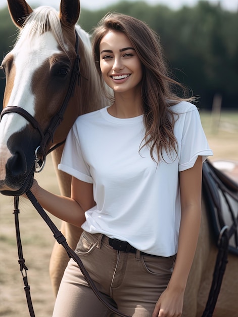 Eine Frau in einem weißen Hemd posiert mit einem Pferd.