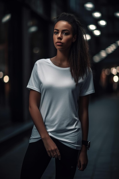 Eine Frau in einem weißen Hemd steht in einer dunklen Gasse.
