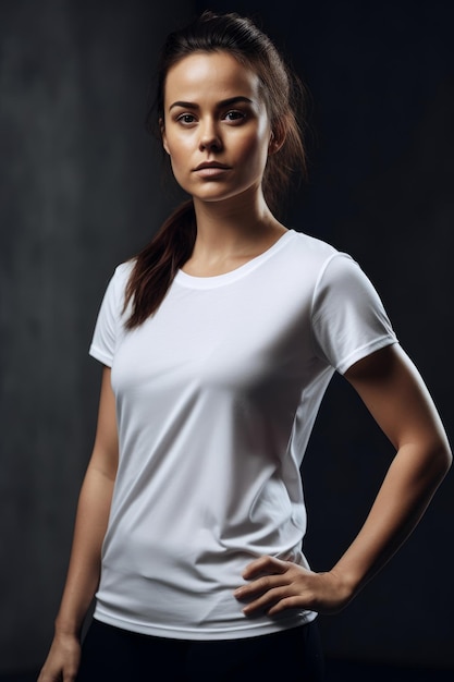Eine Frau in einem weißen Hemd steht mit ihren Händen auf ihren Hüften.