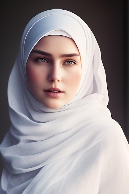 Eine Frau in einem weißen Hijab mit grünen Augen