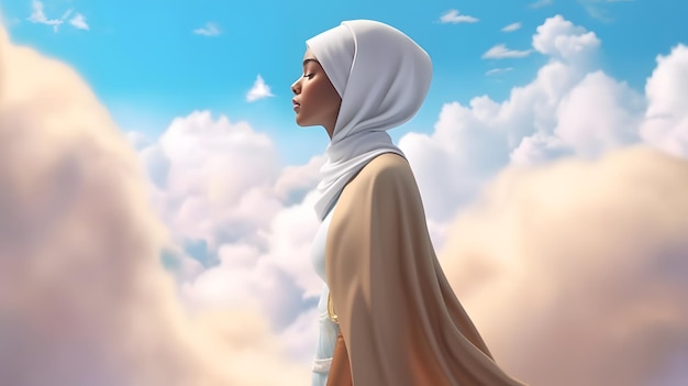 Eine Frau in einem weißen Hijab steht in den Wolken