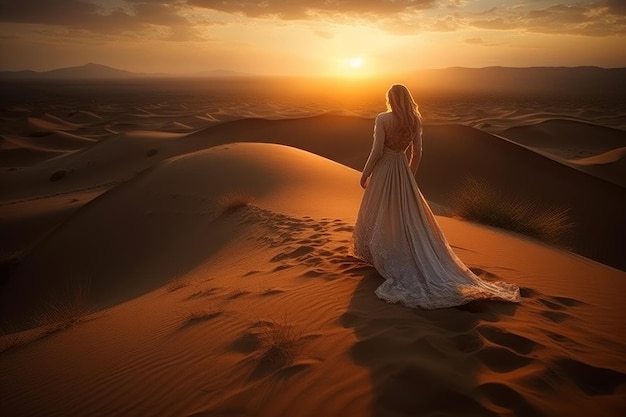 Eine Frau in einem weißen Hochzeitskleid steht bei Sonnenuntergang in der Wüste.