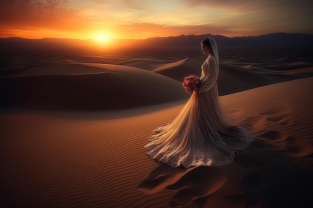 Eine Frau in einem weißen Hochzeitskleid steht mit einem Blumenstrauß in der Wüste.