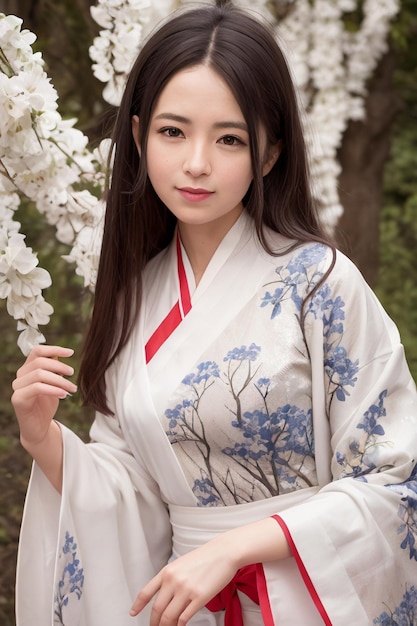 Eine Frau in einem weißen Kimono mit einem Blumenmuster auf der Brust