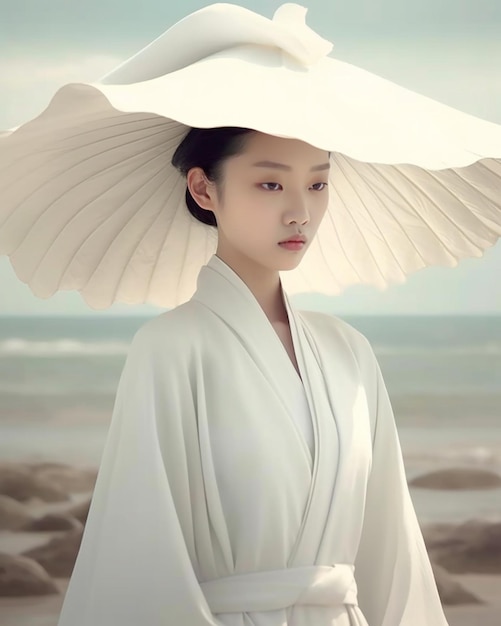eine Frau in einem weißen Kimono trägt einen weißen Hut.
