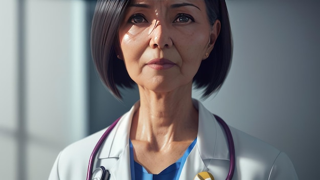 Eine Frau in einem weißen Kittel mit einem Stethoskop um den Hals steht vor einem Krankenzimmer.